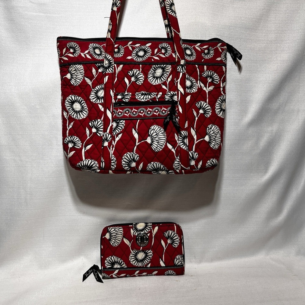 Vera Bradley Deco Daisy Set Tote Bag & Wallet Retired Red Black Purse